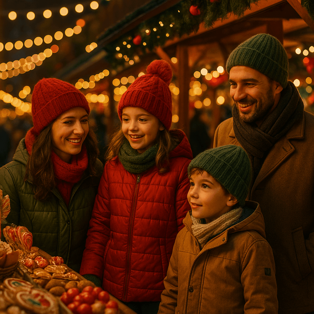 Famiglia italiana visita un mercatino natalizio nel Regno Unito con luci festive serali