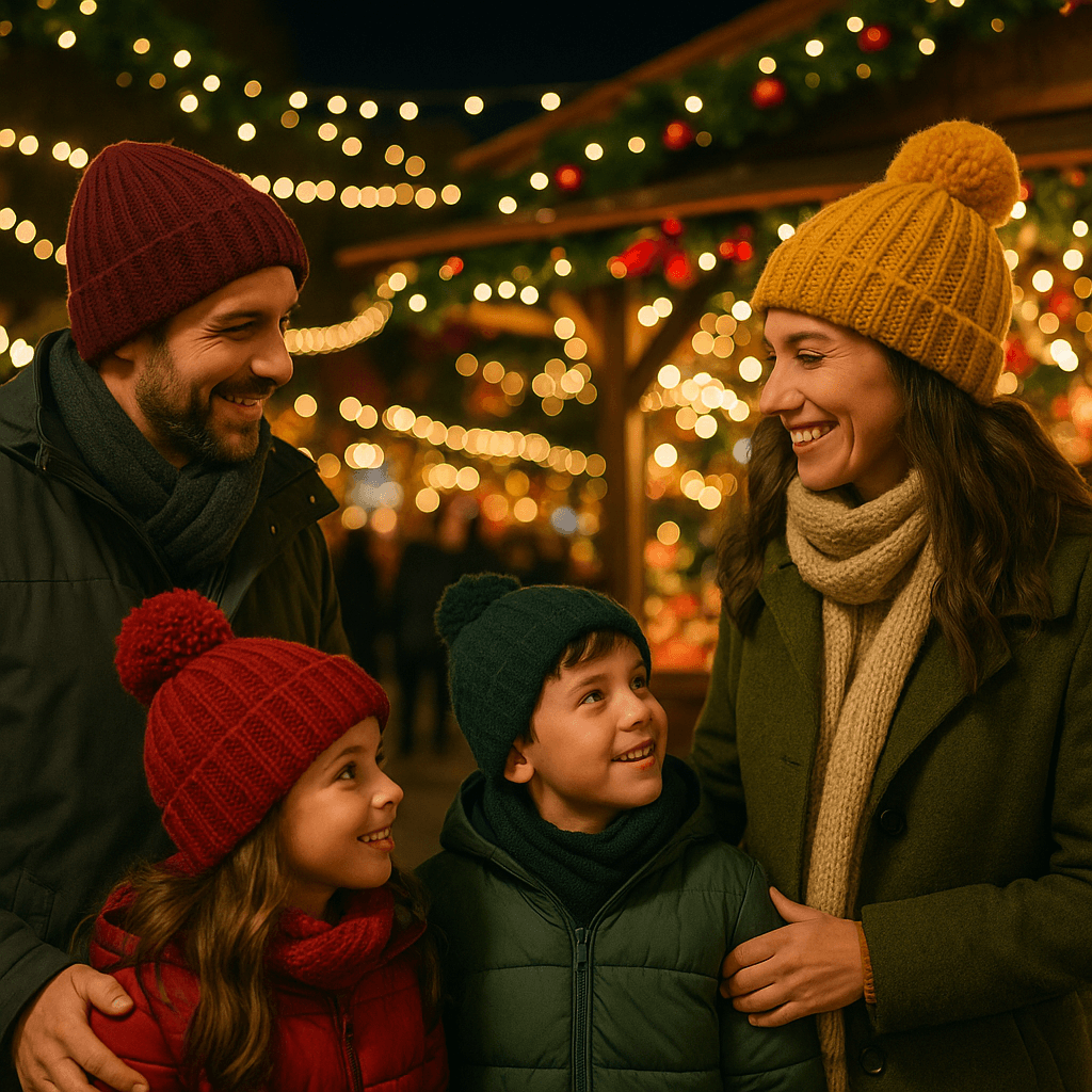 Famiglia italiana visita un mercatino di Natale nel Regno Unito con luci festive