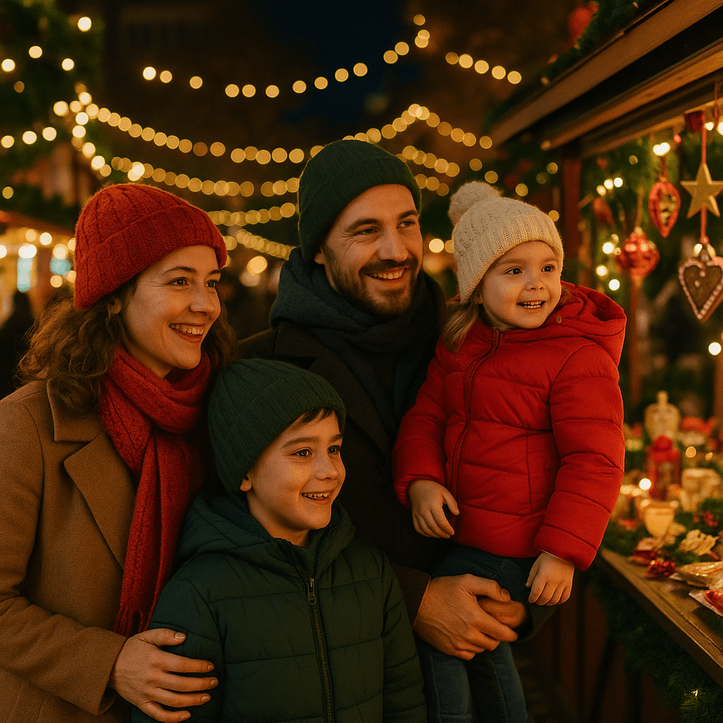 Famiglia italiana ai mercatini di Natale nel Regno Unito con luci festive