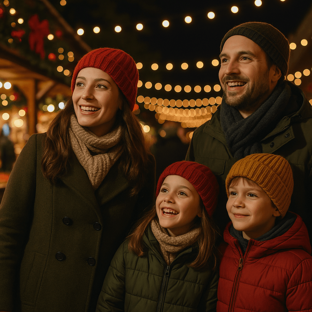 Famiglia italiana al mercatino natalizio britannico con luci festive serali