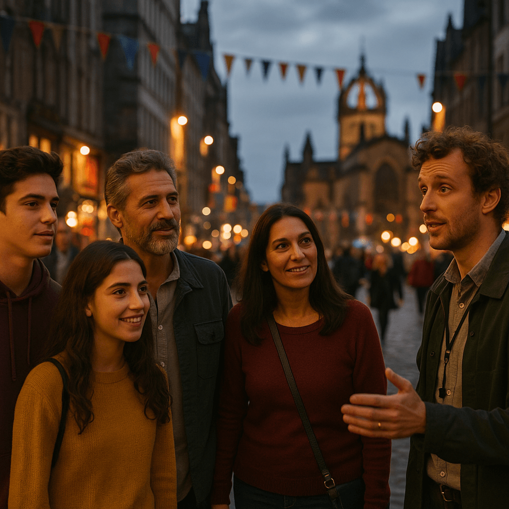 Famiglia italiana passeggia sul Royal Mile durante un tour guidato serale