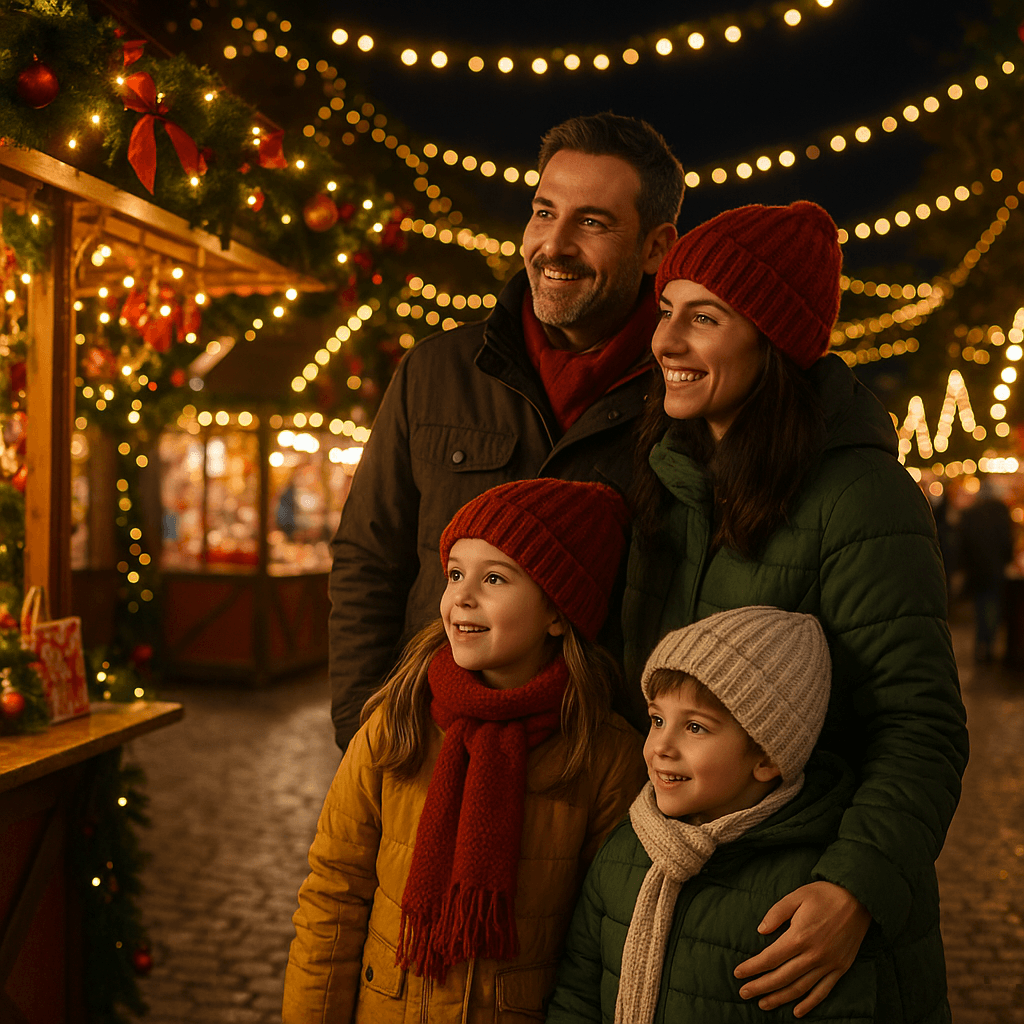 Famiglia italiana visita un mercatino di Natale nel Regno Unito di sera con luci festive