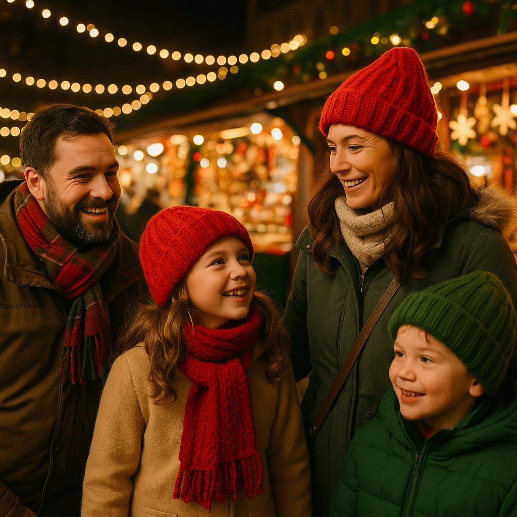 Famiglia italiana che visita un mercatino natalizio nel Regno Unito con luci serali e bancarelle festive