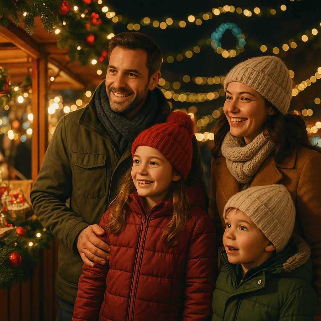 Famiglia italiana visita un mercatino di Natale nel Regno Unito di sera con luci festive