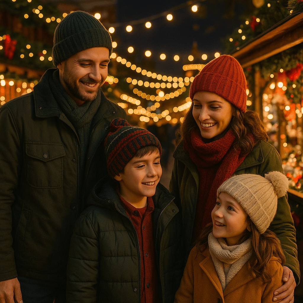 Famiglia italiana visita un mercatino di Natale nel Regno Unito con luci festive serali