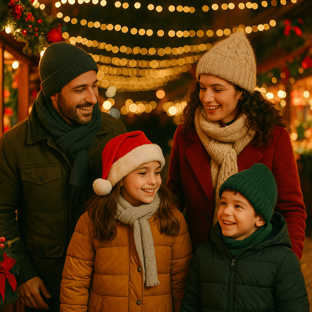 Famiglia italiana visita un mercatino di Natale nel Regno Unito con luci festive