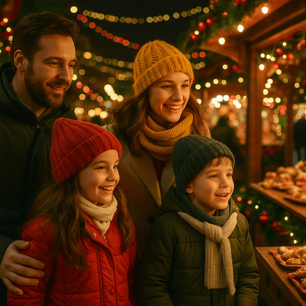 Famiglia italiana al mercato di Natale nel Regno Unito con luci festive