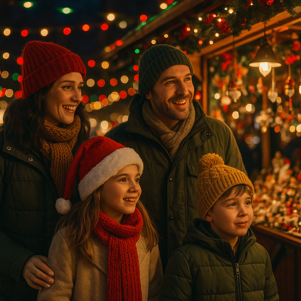 Famiglia italiana visita un mercatino di Natale nel Regno Unito con luci festive serali