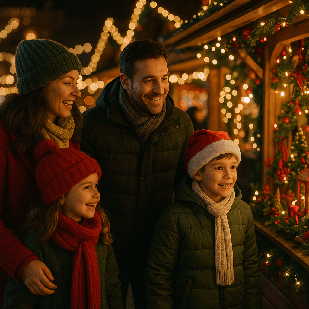 Famiglia italiana al mercatino di Natale nel Regno Unito con luci festive
