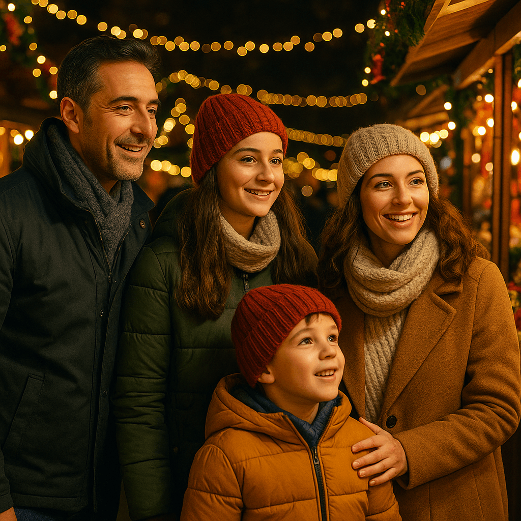 Famiglia italiana visita un mercatino di Natale nel Regno Unito tra luci festive serali