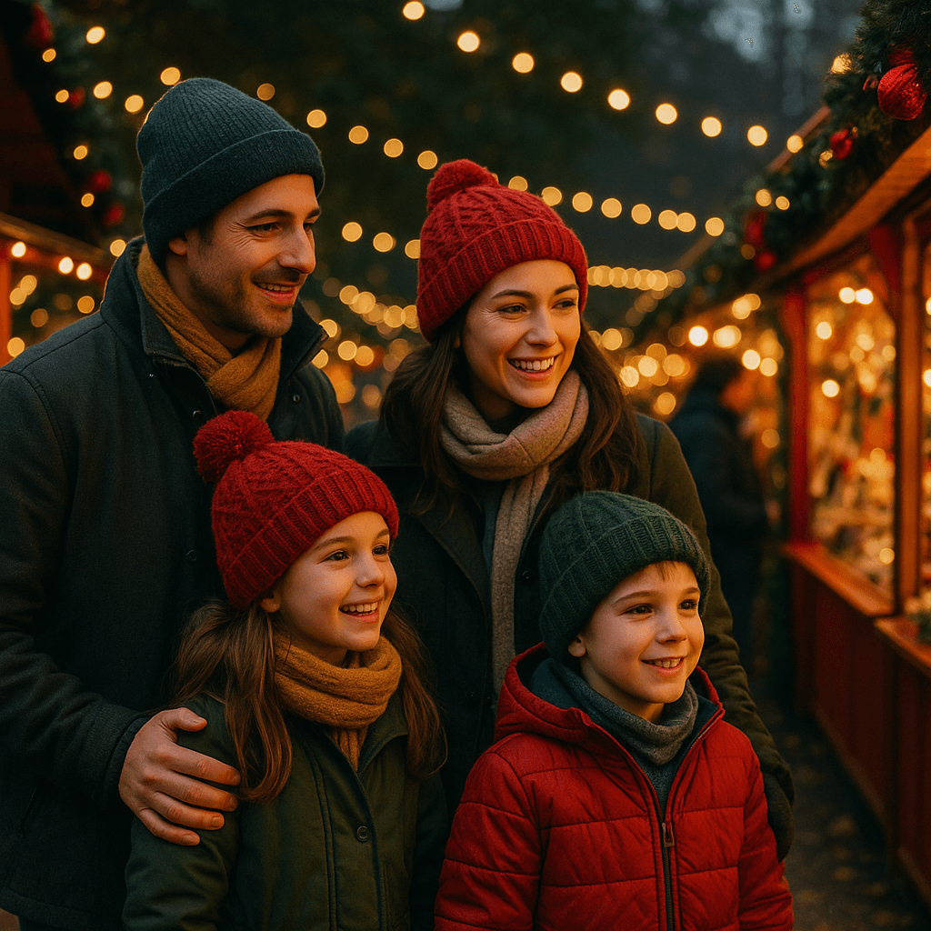 Famiglia italiana visita un mercatino natalizio nel Regno Unito al tramonto, circondata da luci festive