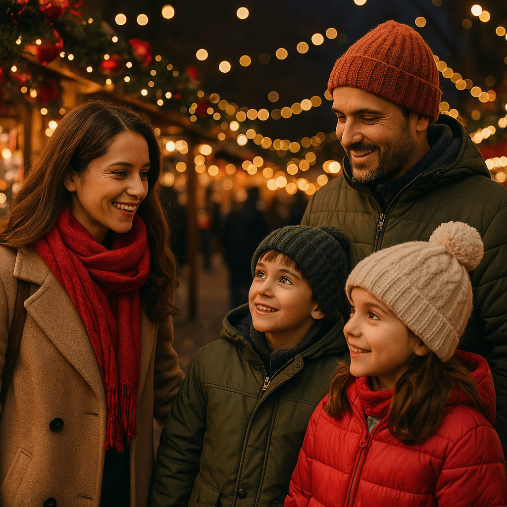Famiglia italiana al mercatino di Natale nel Regno Unito tra luci festive serali