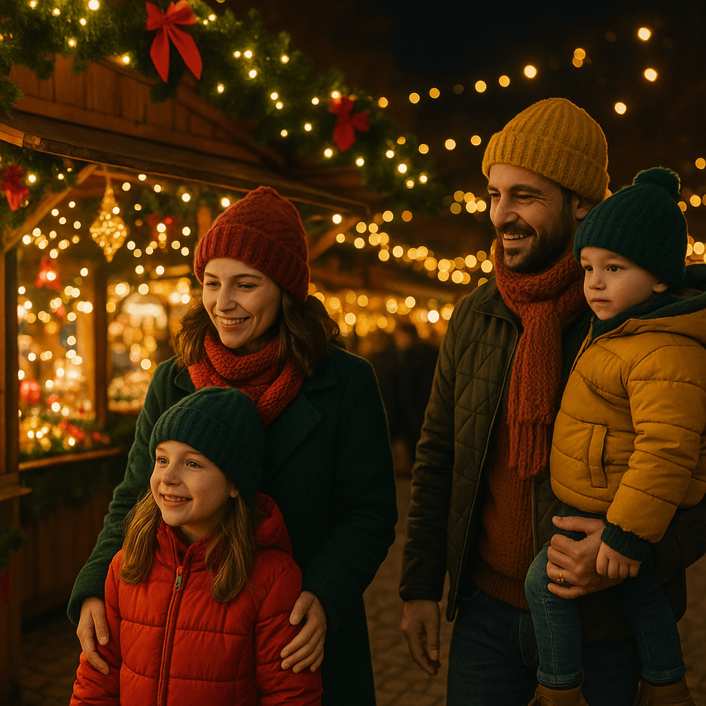 Famiglia italiana visita mercatino di Natale nel Regno Unito tra luci festive