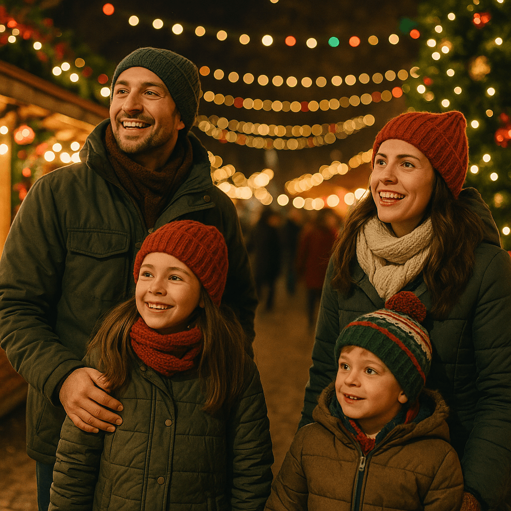 Famiglia italiana ai mercatini di Natale nel Regno Unito tra luci e bancarelle festive