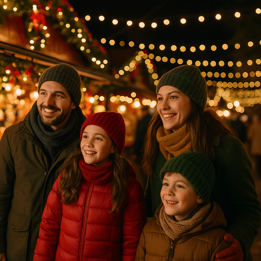 Famiglia italiana ai mercatini di Natale nel Regno Unito sotto le luci festive