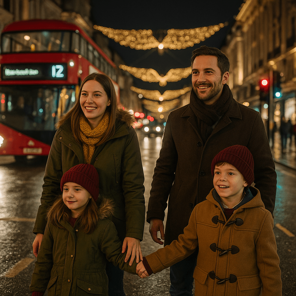Famiglia italiana al mercatino di Natale nel Regno Unito tra luci festive