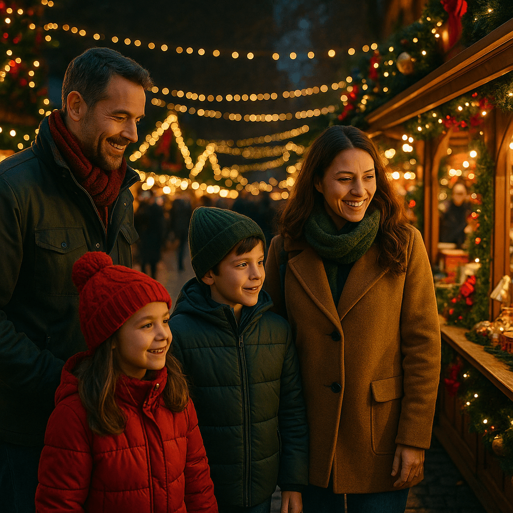 Famiglia italiana ai mercatini di Natale nel Regno Unito di sera con luci festive