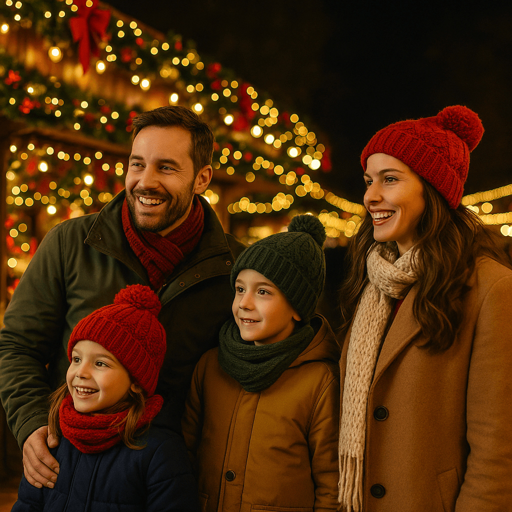 Famiglia italiana visita mercatino natalizio all'aperto nel Regno Unito tra luci festive serali