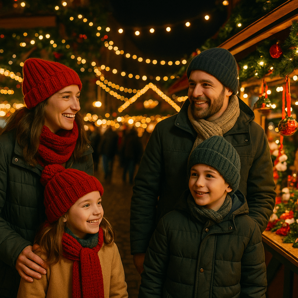 Famiglia italiana visita mercatino di Natale serale nel Regno Unito decorato con luci festive rosse, verdi e dorate