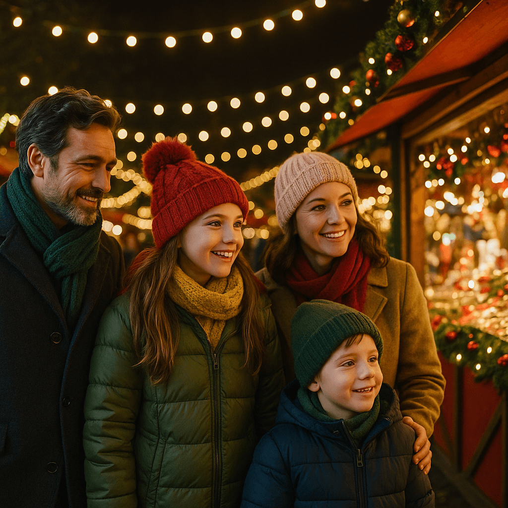 Famiglia italiana passeggia tra le bancarelle natalizie nel Regno Unito di sera con luci festive