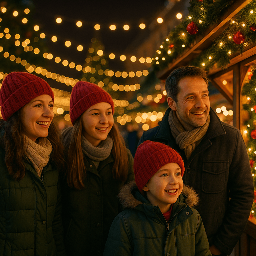 Famiglia italiana al mercatino di Natale nel Regno Unito con luci festive