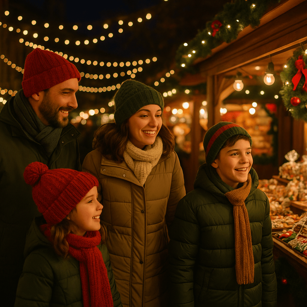 Famiglia italiana visita mercatino natalizio nel Regno Unito con luci festive