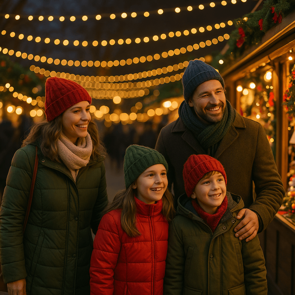 Famiglia italiana visita mercatino natalizio nel Regno Unito con luci serali festive