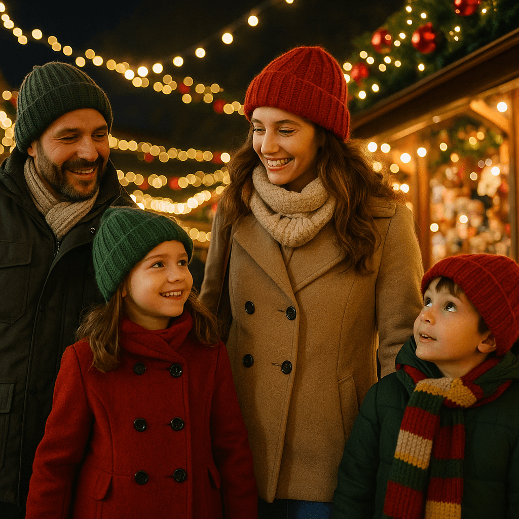 Famiglia italiana al mercatino di Natale nel Regno Unito con luci festive serali