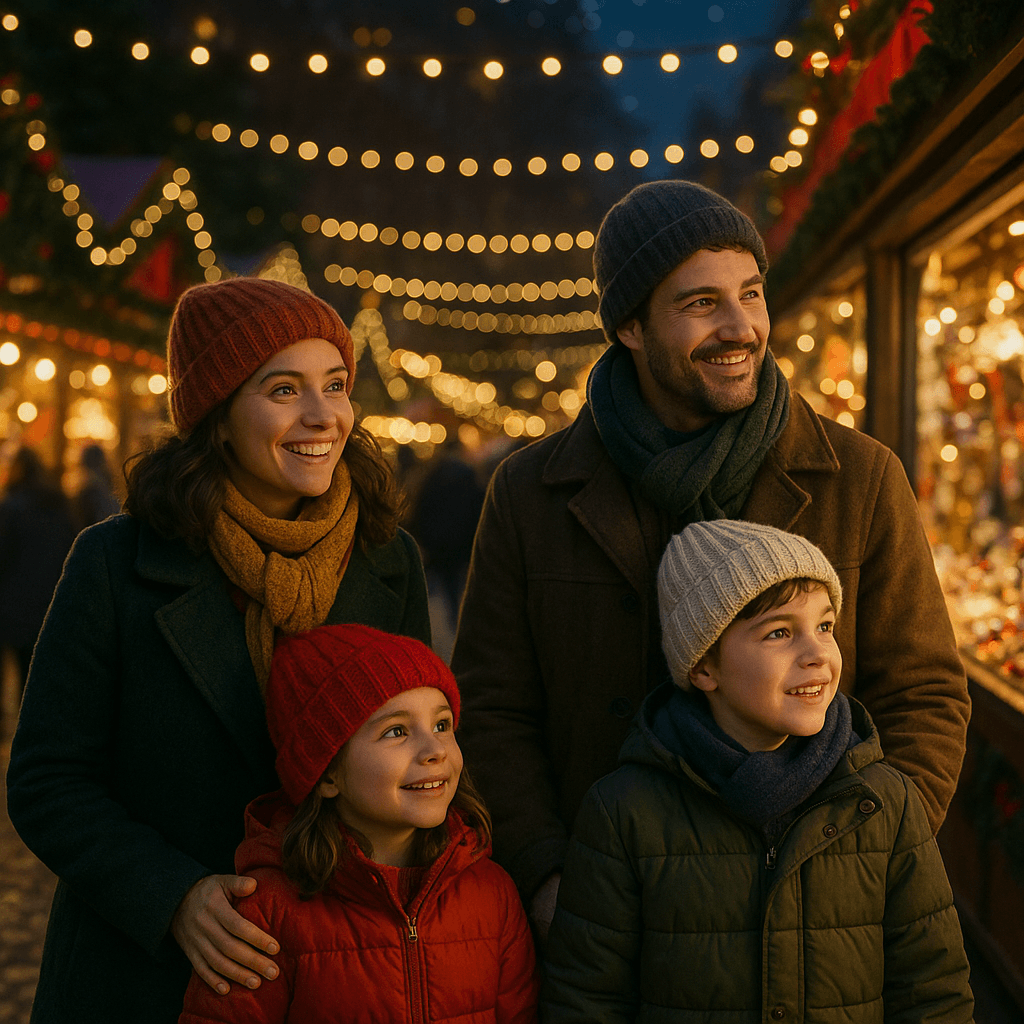 Famiglia italiana visita un mercatino di Natale nel Regno Unito di sera