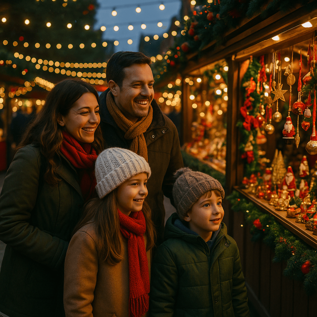 Famiglia italiana visita un mercatino natalizio nel Regno Unito di sera con luci festive