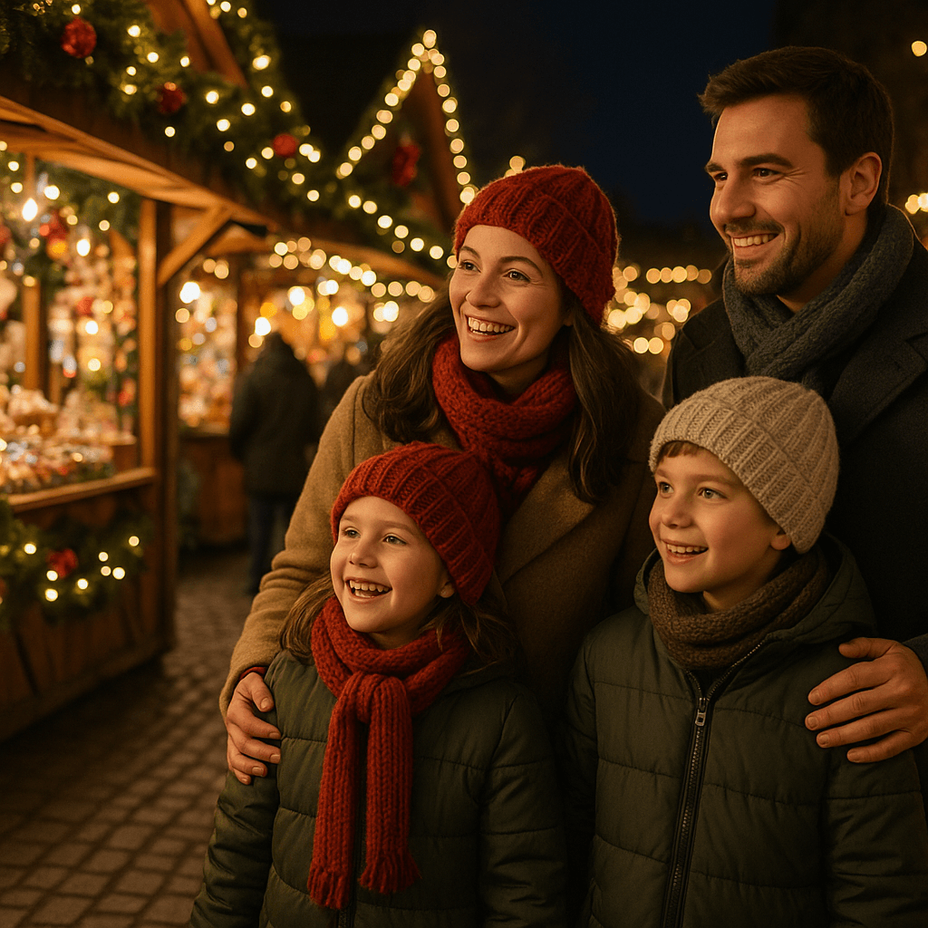 Famiglia italiana ai mercatini di Natale nel Regno Unito con luci festive