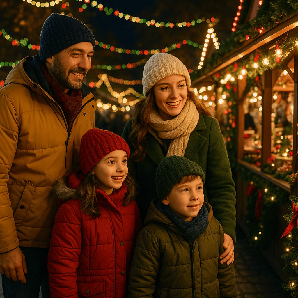 Famiglia italiana al mercatino di Natale nel Regno Unito sotto le luci festive