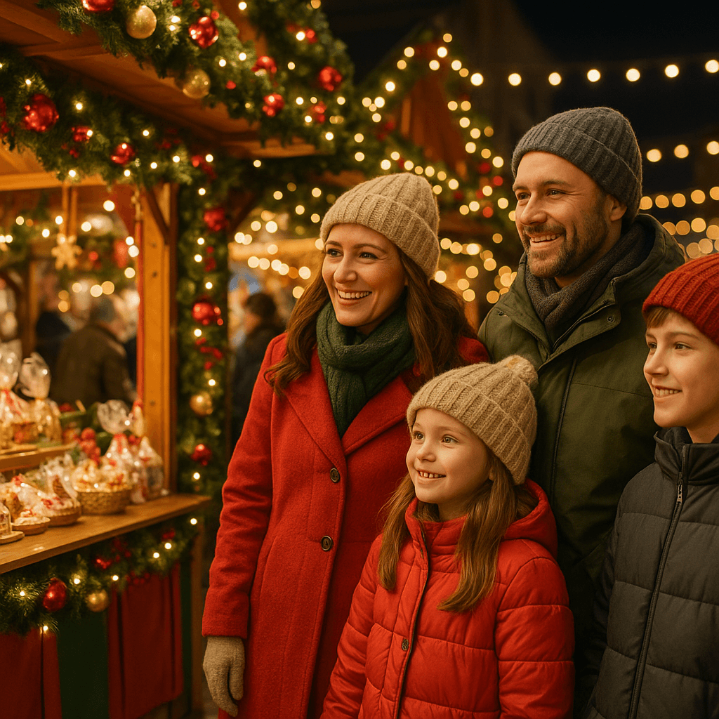 Famiglia italiana che visita un mercatino natalizio all'aperto nel Regno Unito di sera sotto luci festive