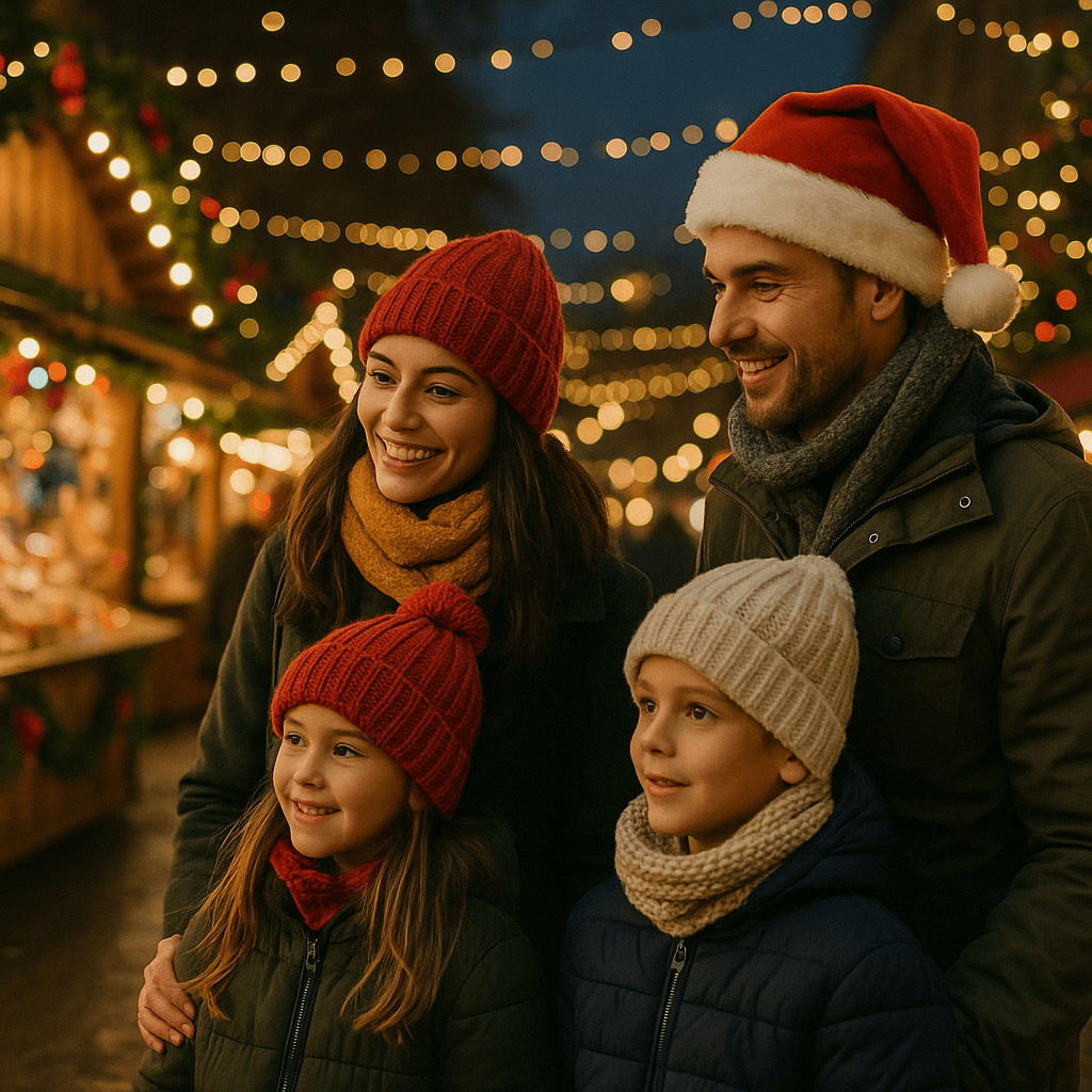 Famiglia italiana visita un mercatino natalizio nel Regno Unito con luci festive serali