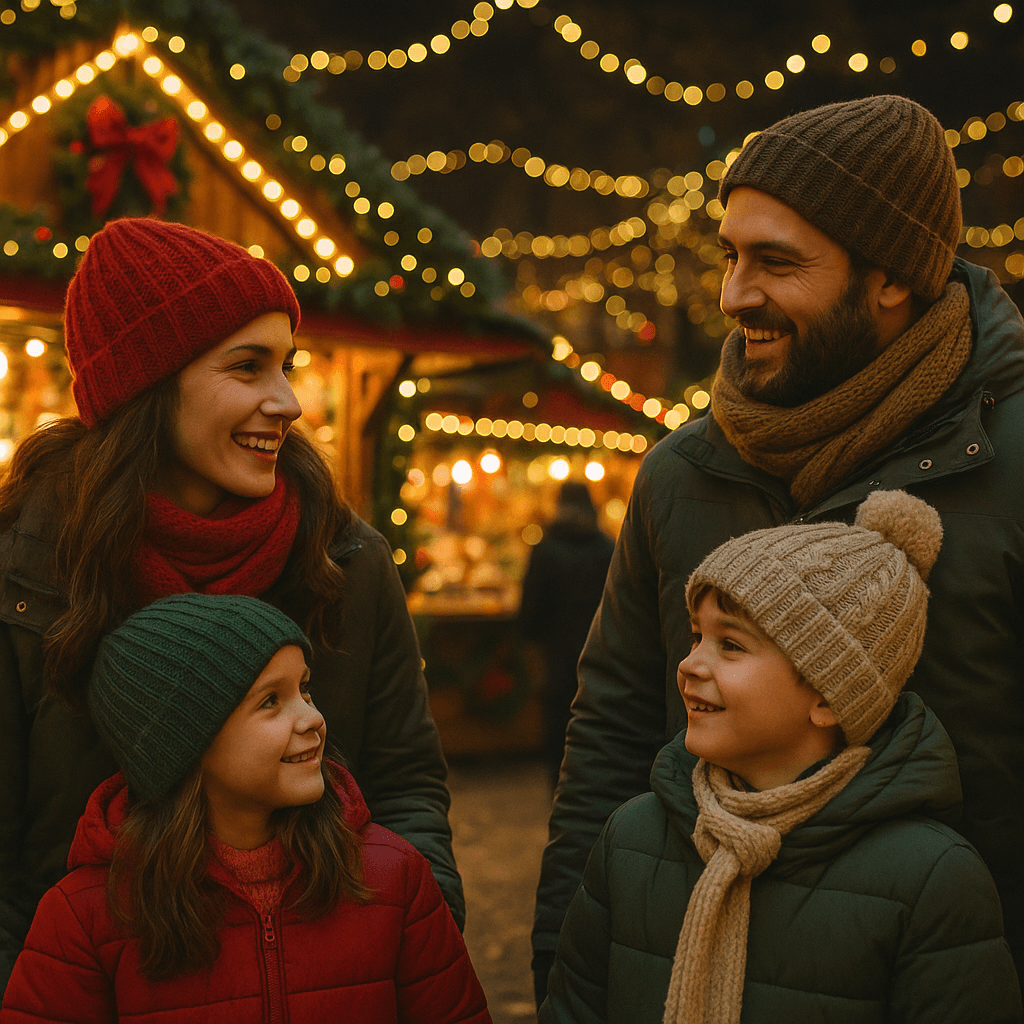 Famiglia italiana visita mercatino di Natale nel Regno Unito tra luci festose