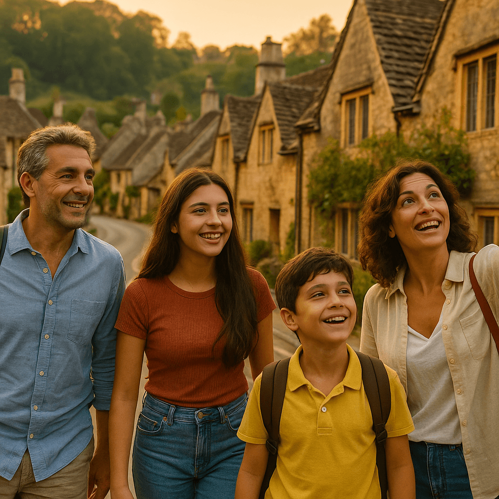 Famiglia italiana esplora un villaggio storico delle Cotswolds al tramonto