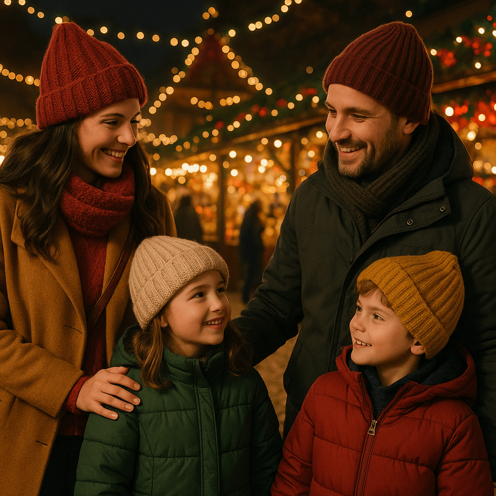 Famiglia italiana che visita un mercatino di Natale all'aperto nel Regno Unito con luci festive