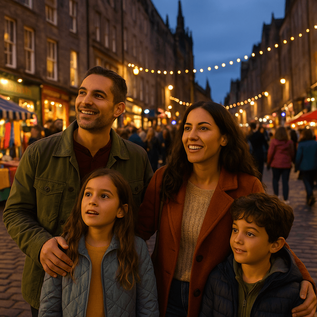 Famiglia italiana ammira attrazioni culturali sulla Royal Mile di Edimburgo