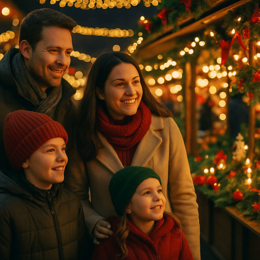 Famiglia italiana al mercatino di Natale nel Regno Unito con luci festive ETA bambino