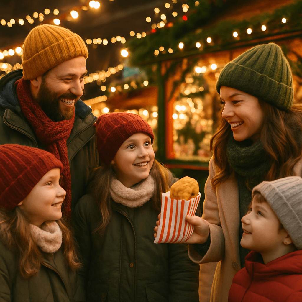 Famiglia italiana passeggia tra bancarelle natalizie nel Regno Unito