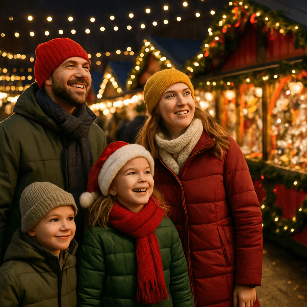 Famiglia italiana esplora mercatino di Natale nel Regno Unito con luci festive serali