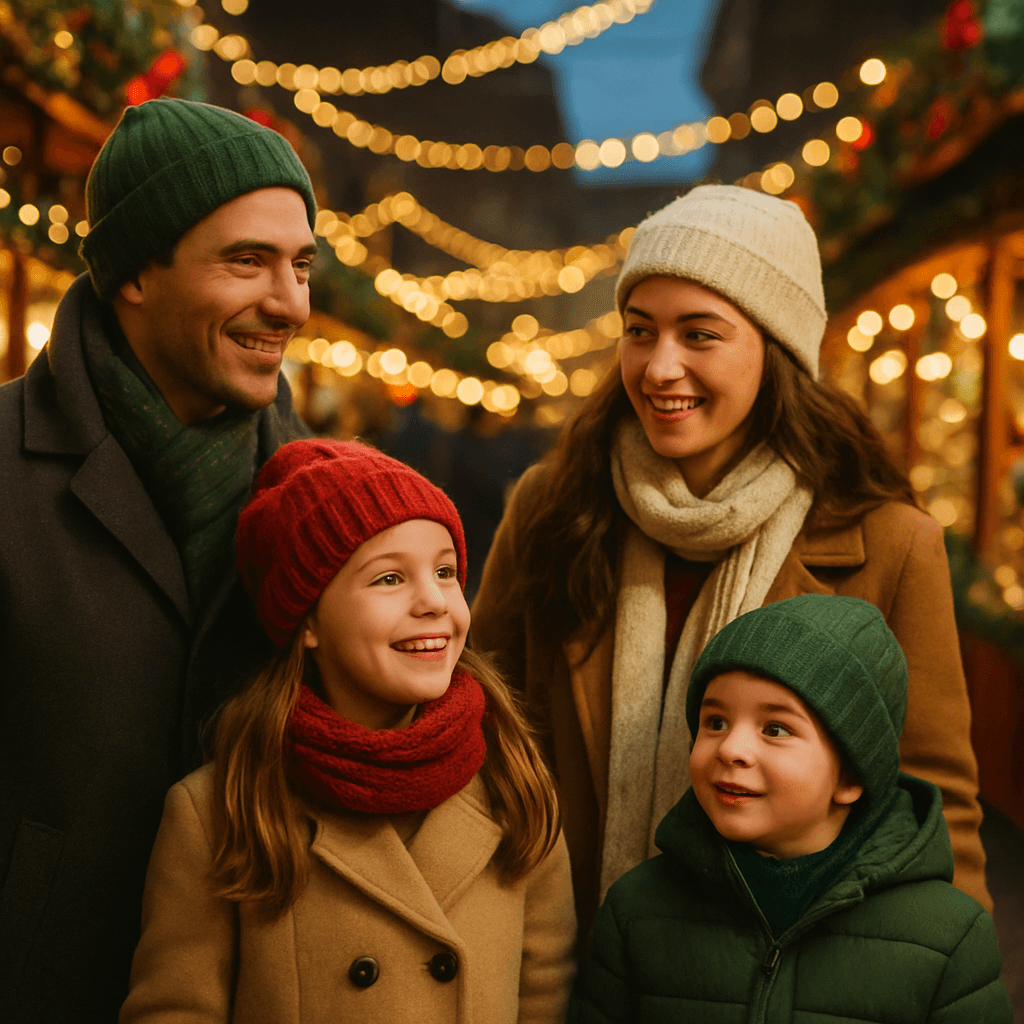 Famiglia italiana visita mercatino natalizio nel Regno Unito con luci festive