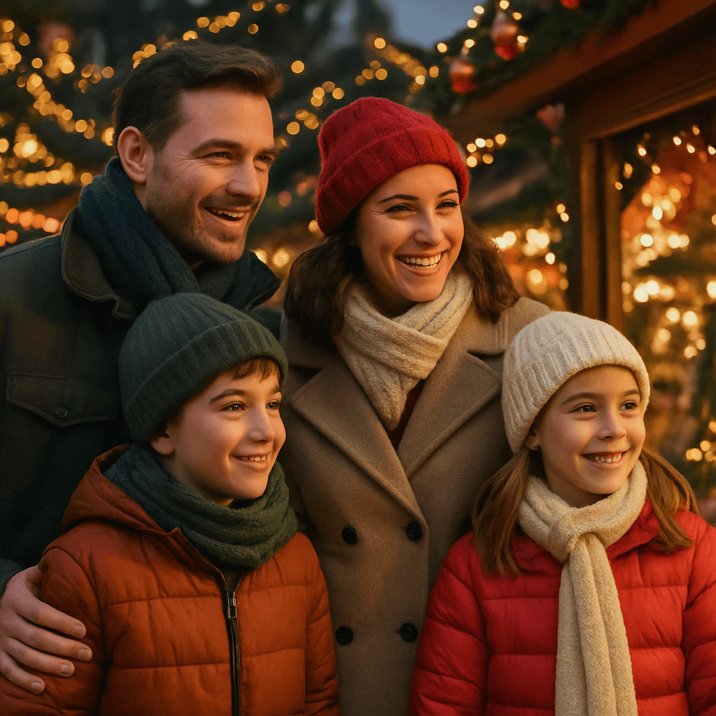 Famiglia italiana ai mercatini di Natale nel Regno Unito sotto luci festive