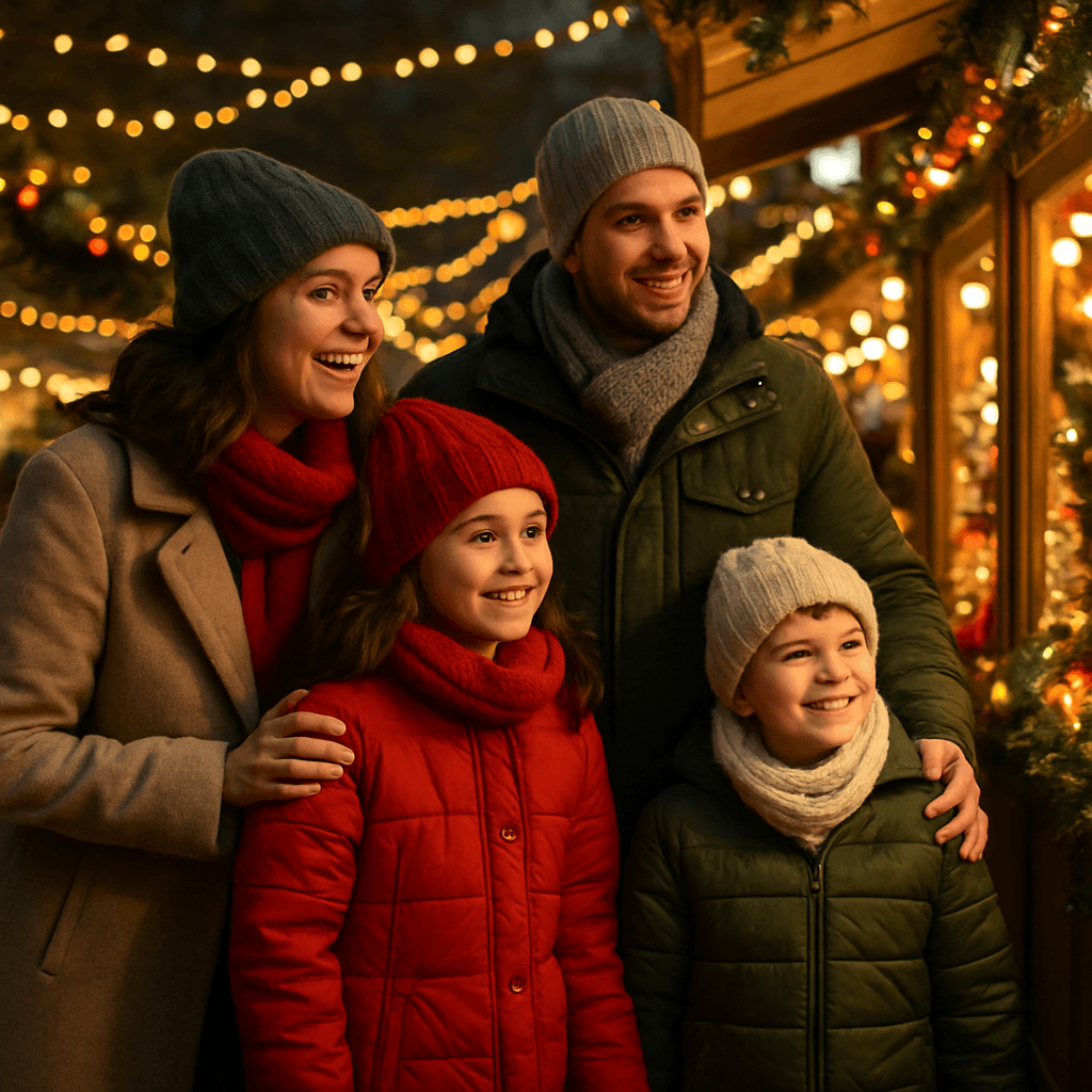 Famiglia italiana visita mercatino natalizio serale nel Regno Unito con luci festive
