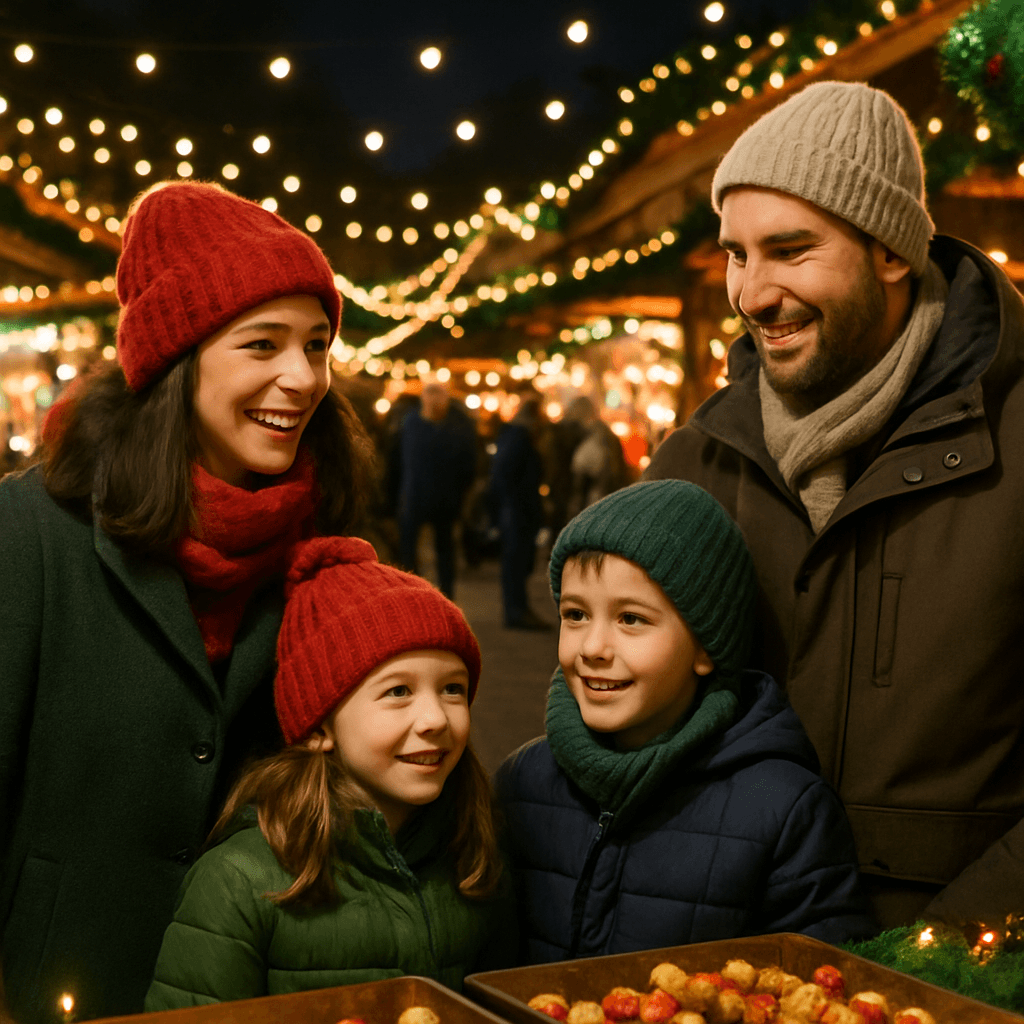 Famiglia italiana visita un mercatino di Natale nel Regno Unito sotto luci festive serali