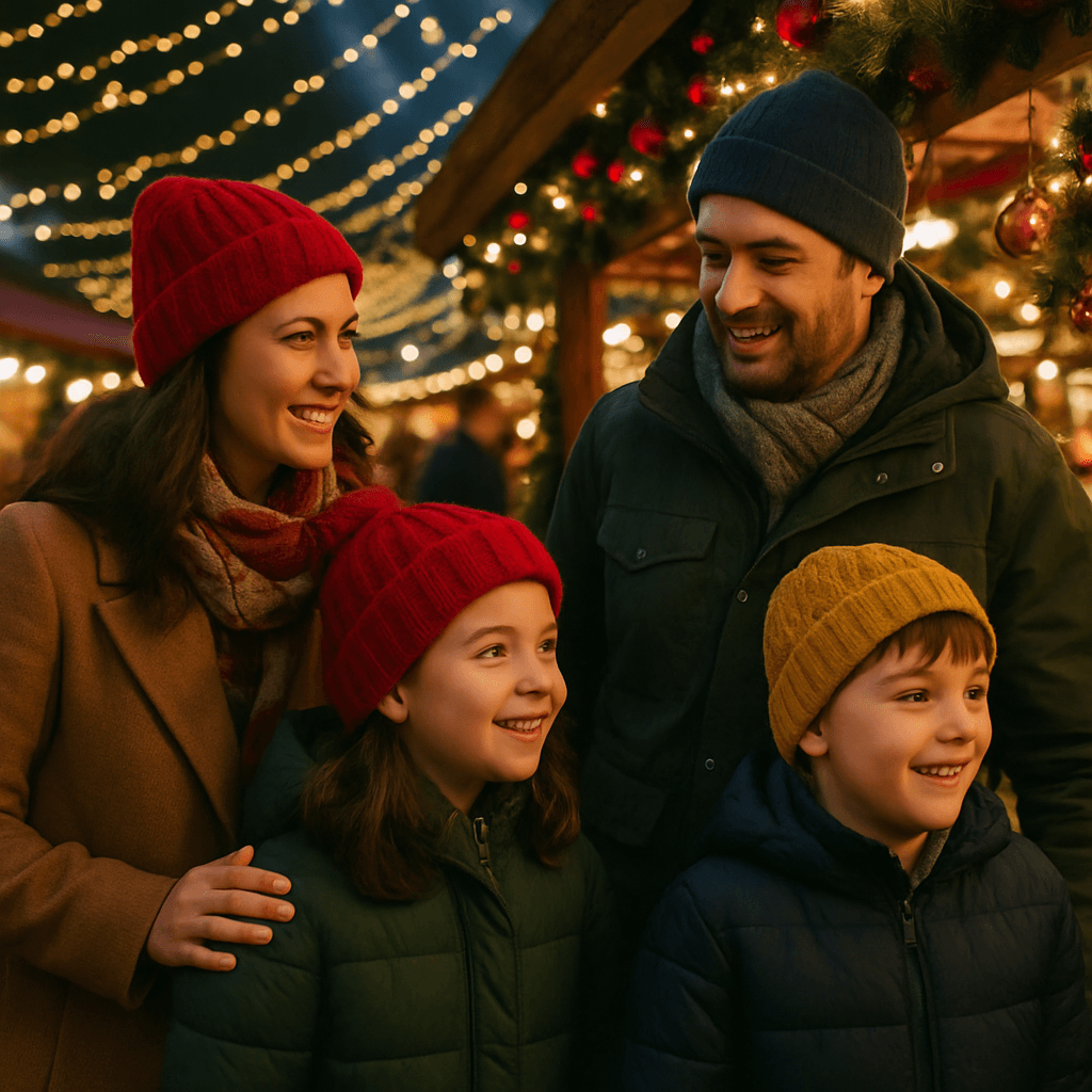 Famiglia italiana visita un mercatino di Natale nel Regno Unito tra luci festive serali