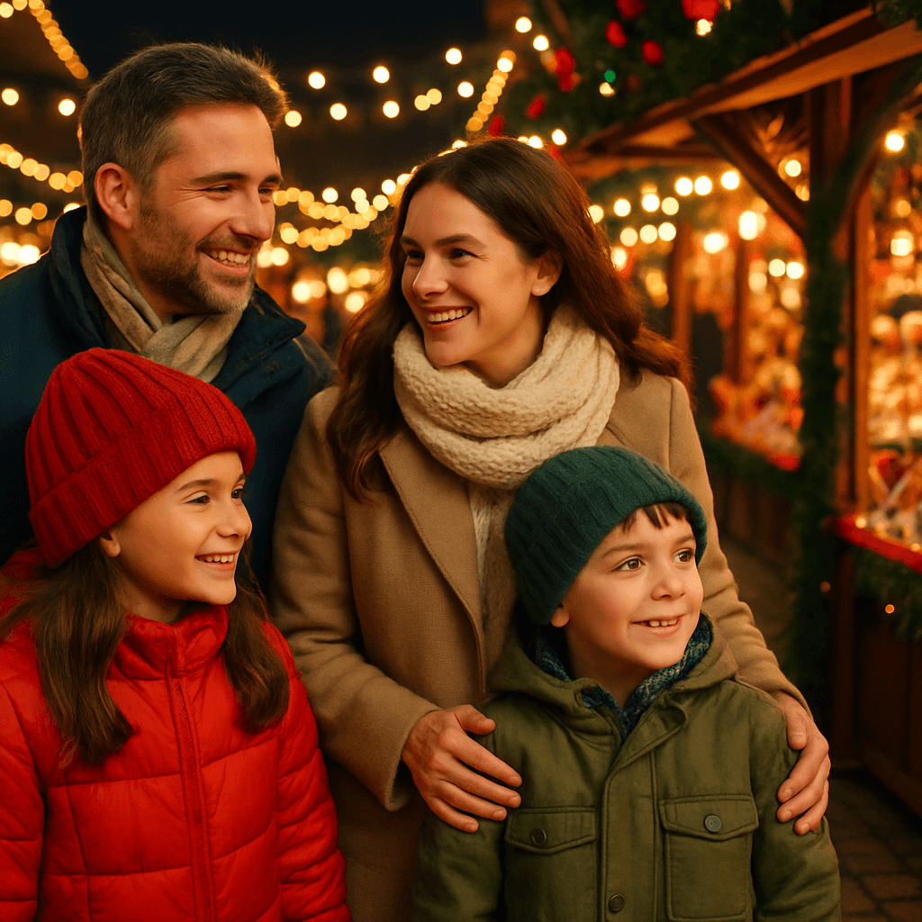 Famiglia italiana visita un mercatino di Natale nel Regno Unito di sera sotto luci festive