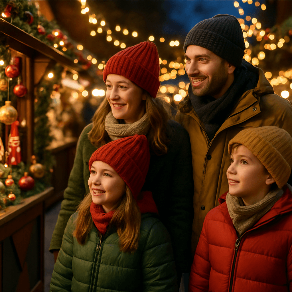 Famiglia italiana al mercatino di Natale nel Regno Unito tra luci e decorazioni