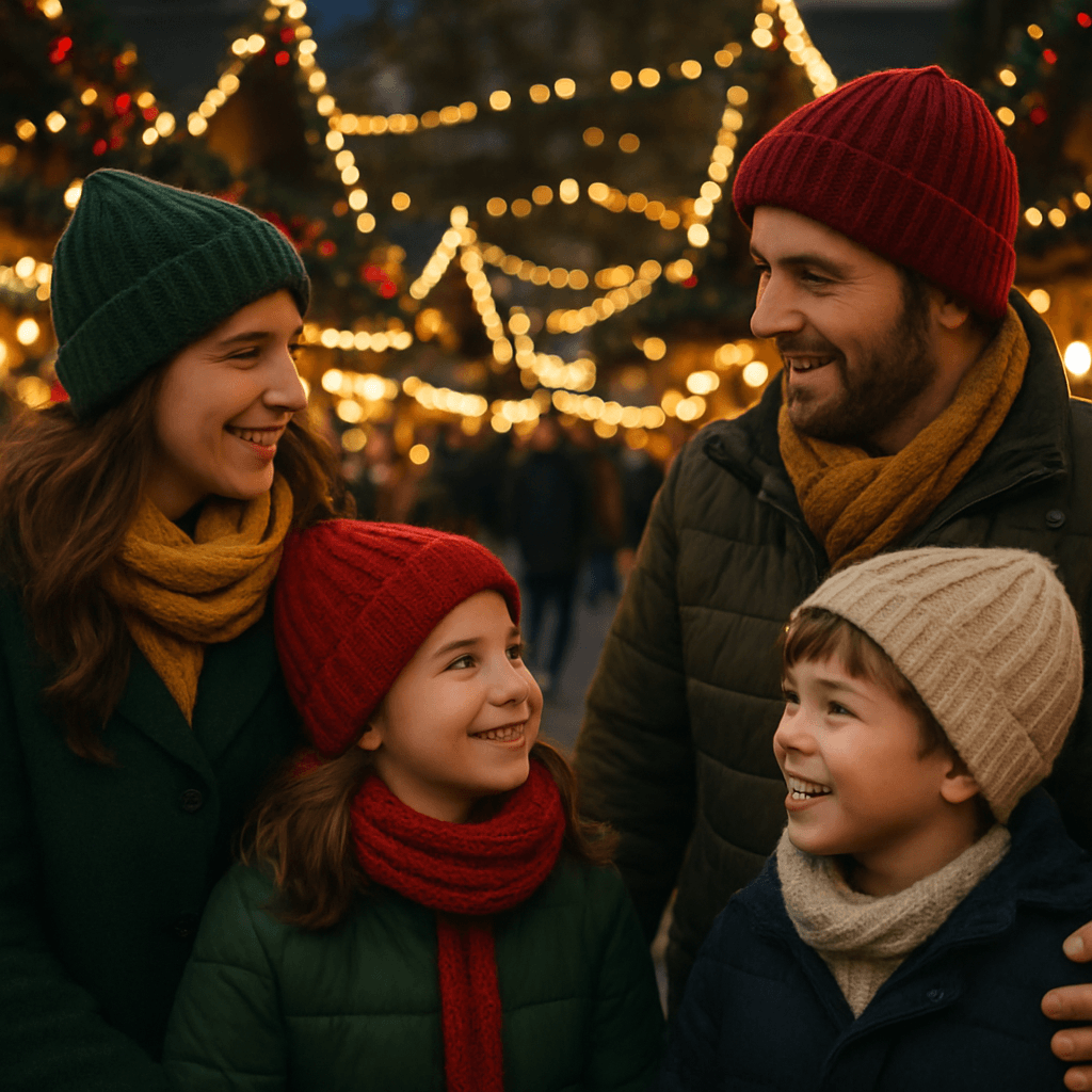 Famiglia italiana esplora mercatino di Natale a Londra tra luci festive serali