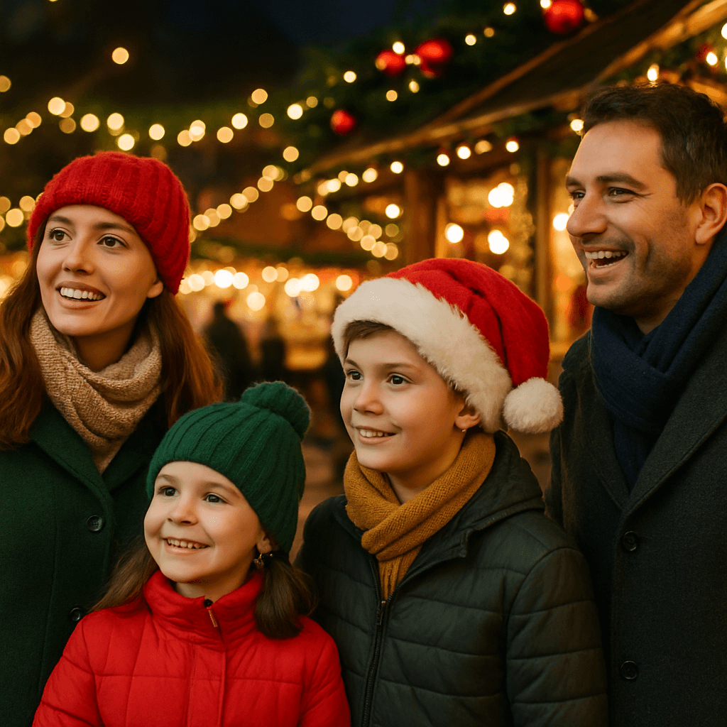 Famiglia italiana visita un mercatino natalizio britannico con luci festive serali